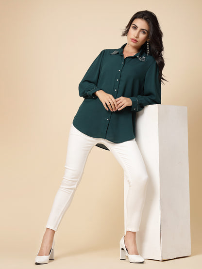 Gipsy Women Bottle Green Solid Georgette Bishop Full Sleeve Collared Embellished stone Neck Shirt