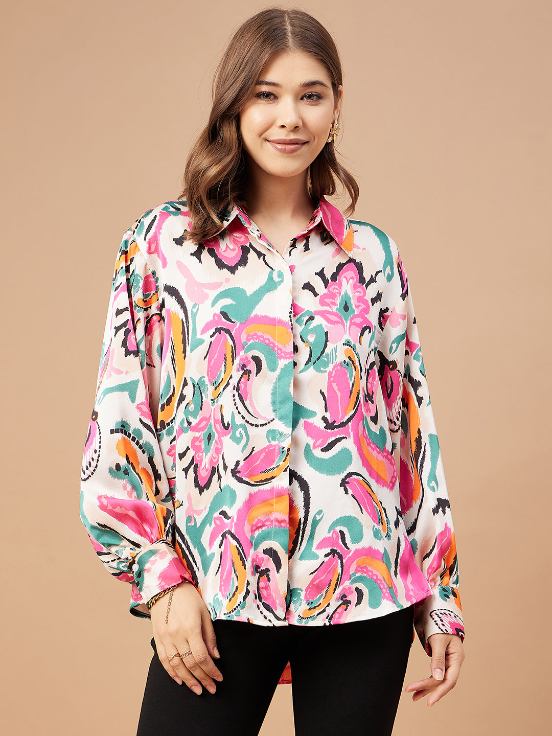 Gipsy Women Pink Print Satin Flutter Sleeve Collar Neck Shirt