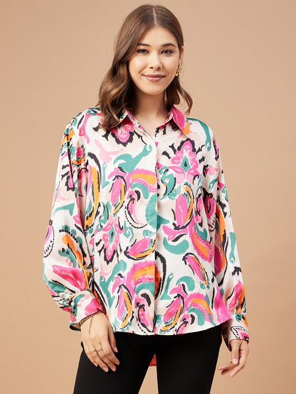 Gipsy Women Pink Print Satin Flutter Sleeve Collar Neck Shirt