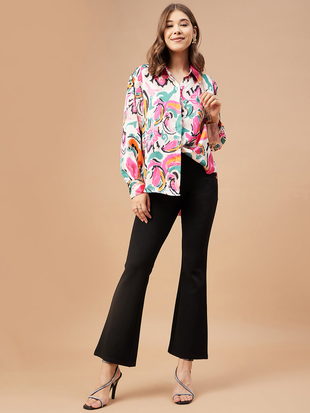 Gipsy Women Pink Print Satin Flutter Sleeve Collar Neck Shirt