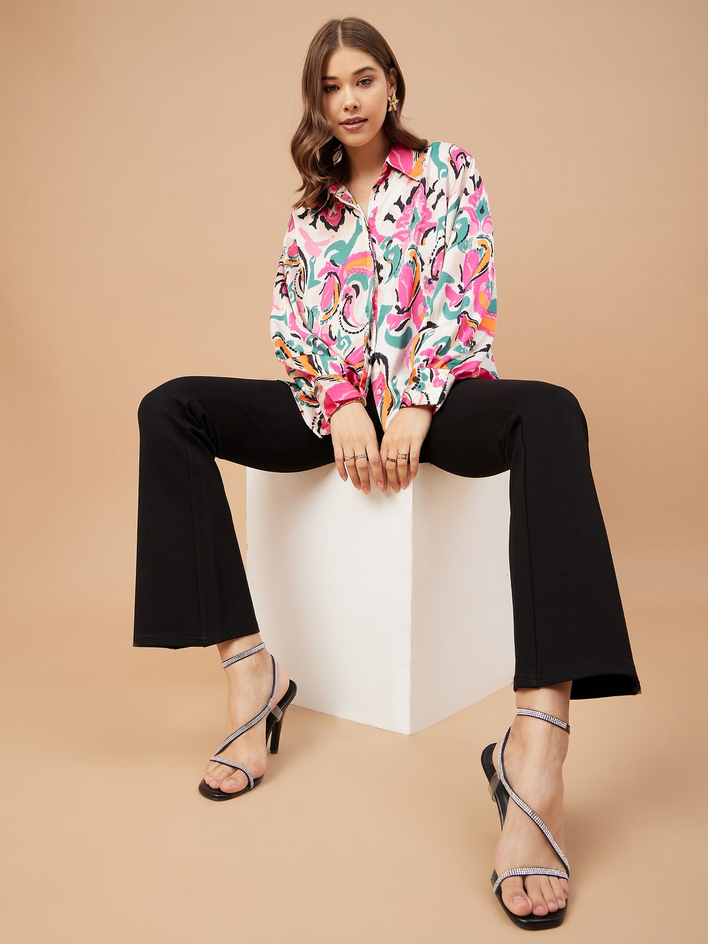 Gipsy Women Pink Print Satin Flutter Sleeve Collar Neck Shirt