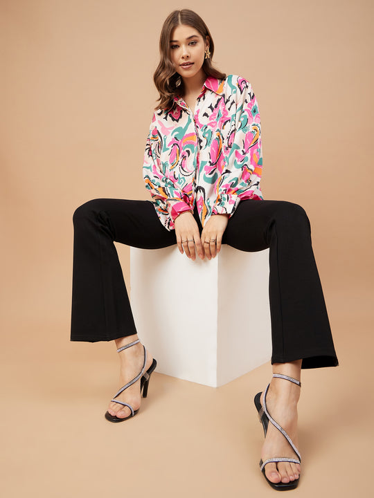 Gipsy Women Pink Print Satin Flutter Sleeve Collar Neck Shirt