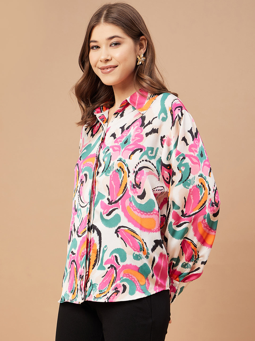 Gipsy Women Pink Print Satin Flutter Sleeve Collar Neck Shirt