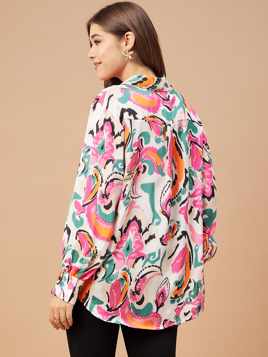 Gipsy Women Pink Print Satin Flutter Sleeve Collar Neck Shirt