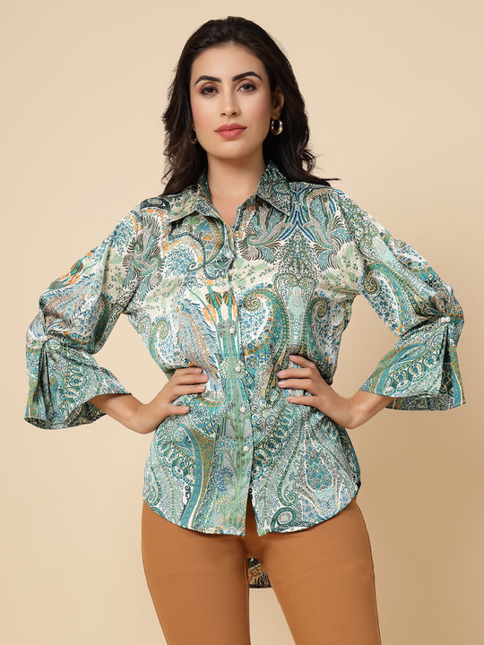 Gipsy Women Green Printed Satin Frill Full Sleeve Collared Neck Shirt