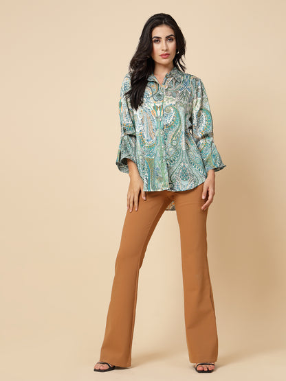 Gipsy Women Green Printed Satin Frill Full Sleeve Collared Neck Shirt