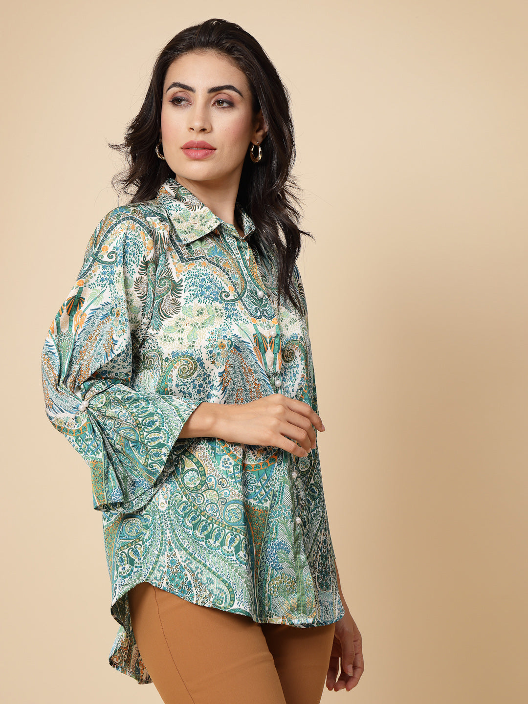 Gipsy Women Green Printed Satin Frill Full Sleeve Collared Neck Shirt
