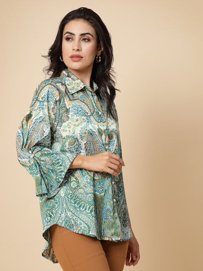 Gipsy Women Green Printed Satin Frill Full Sleeve Collared Neck Shirt