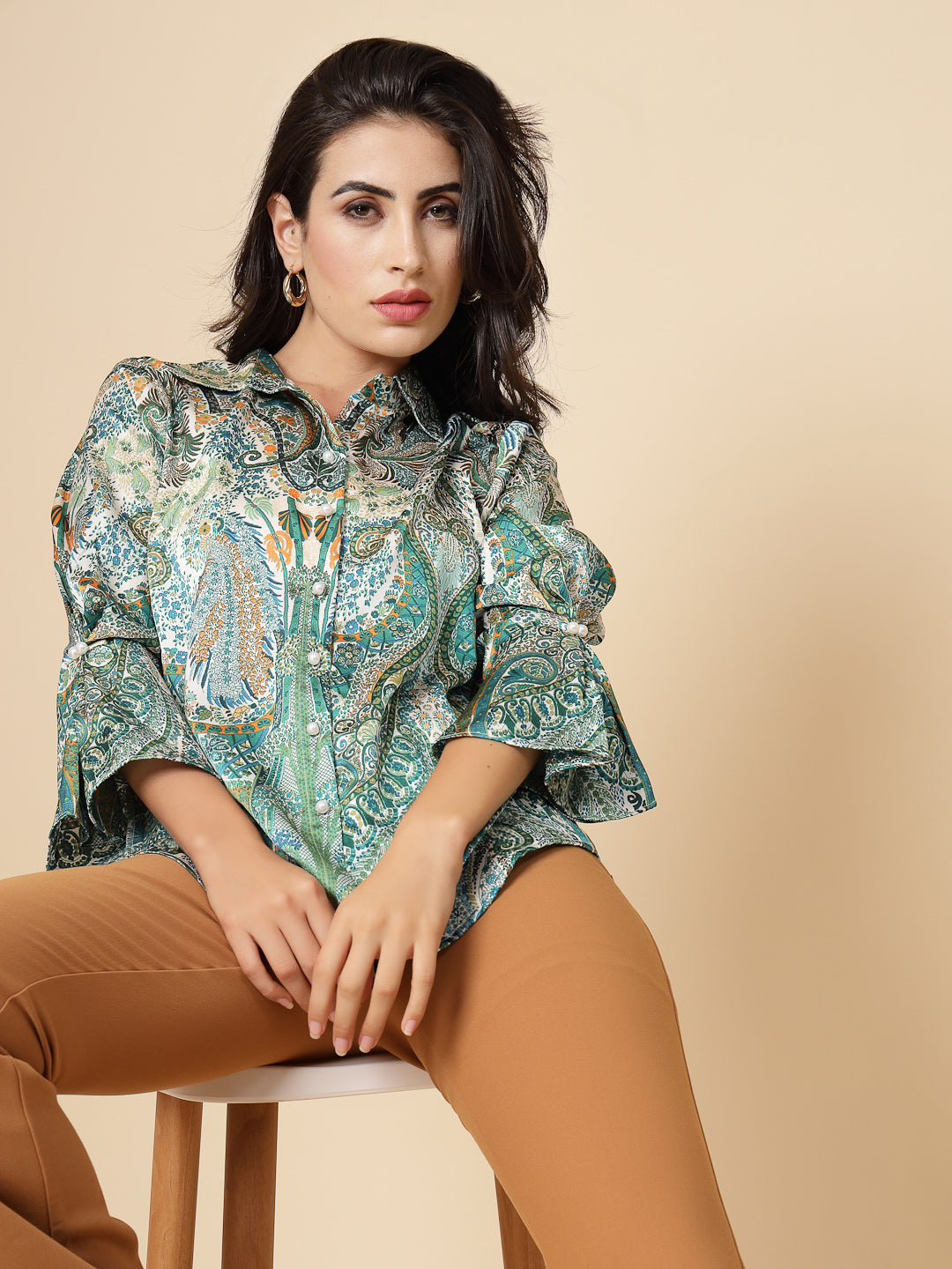 Gipsy Women Green Printed Satin Frill Full Sleeve Collared Neck Shirt