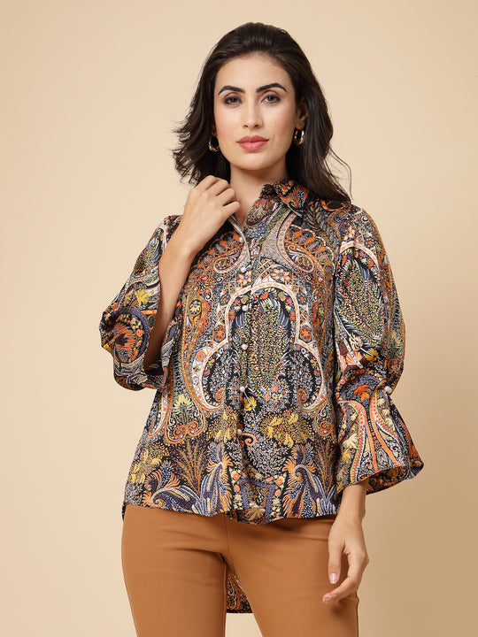 Gipsy Women Multi Printed Satin Frill Full Sleeve Collared Neck Shirt
