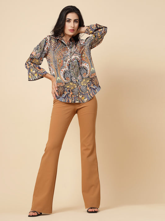 Gipsy Women Multi Printed Satin Frill Full Sleeve Collared Neck Shirt