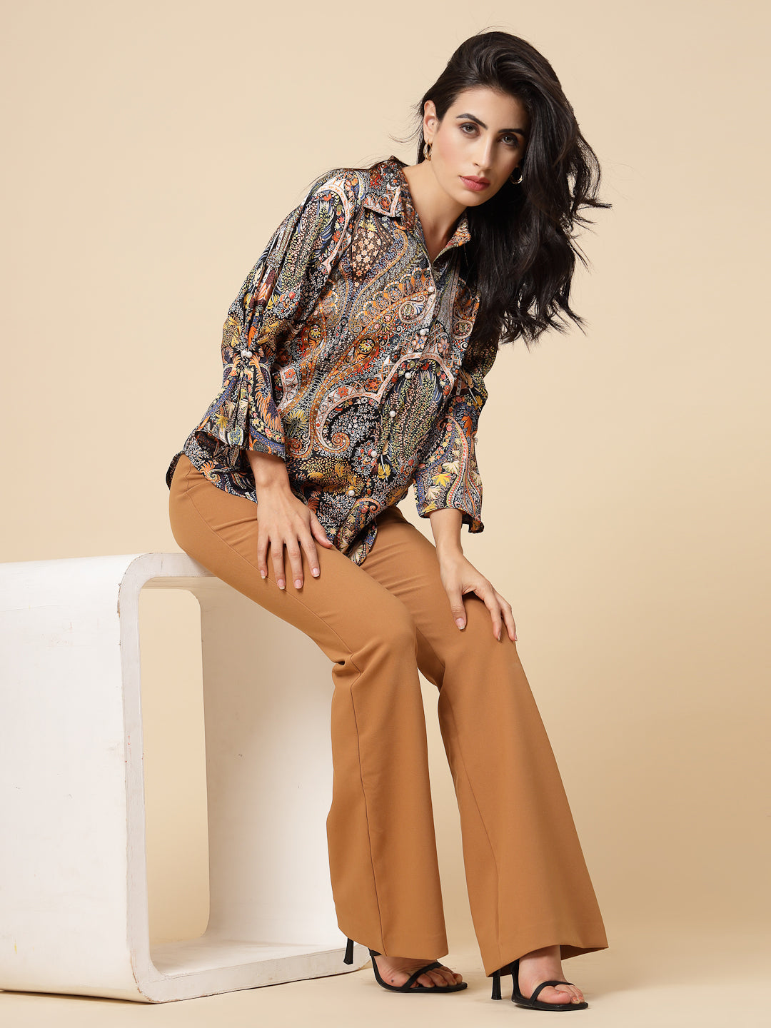 Gipsy Women Multi Printed Satin Frill Full Sleeve Collared Neck Shirt