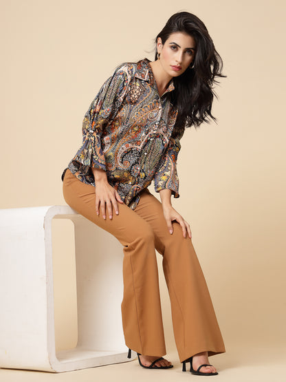 Gipsy Women Multi Printed Satin Frill Full Sleeve Collared Neck Shirt