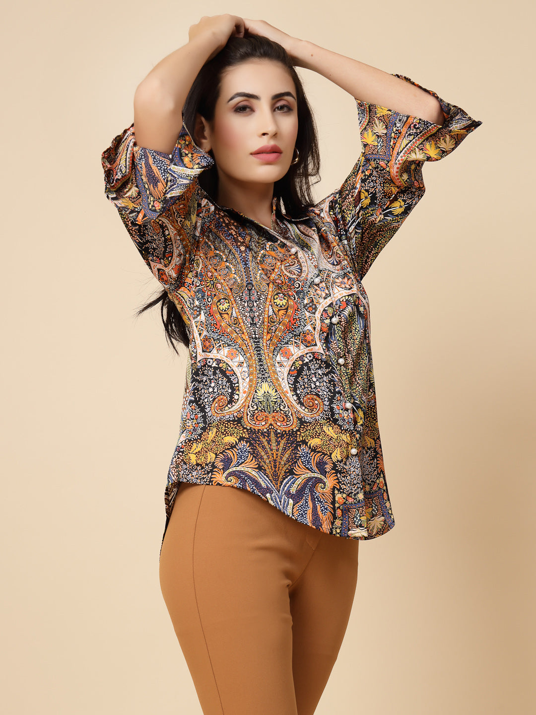 Gipsy Women Multi Printed Satin Frill Full Sleeve Collared Neck Shirt