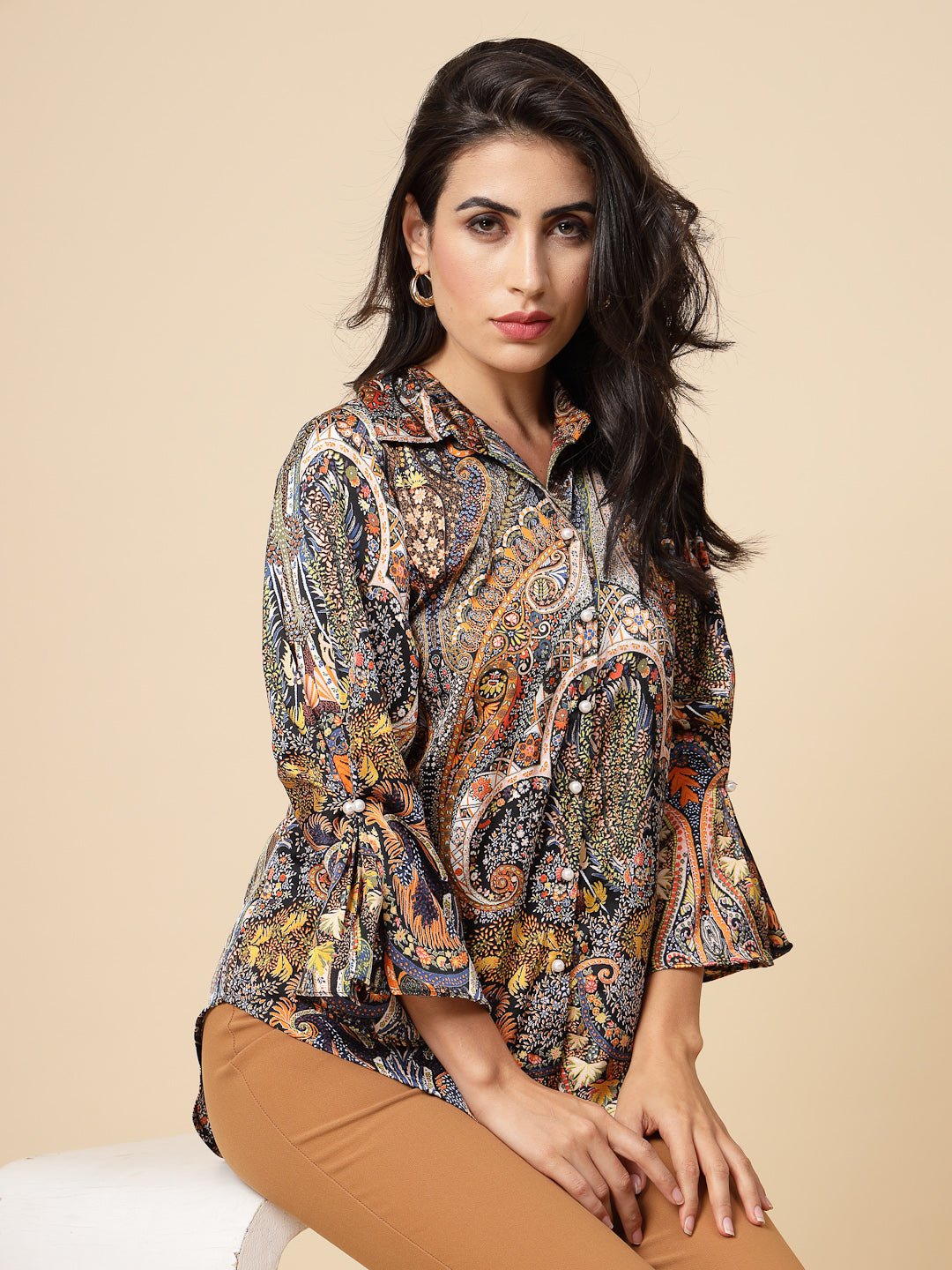 Gipsy Women Multi Printed Satin Frill Full Sleeve Collared Neck Shirt