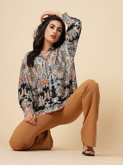 Gipsy Women Black Printed Satin Bishop Full Sleeve Collared Neck Shirt