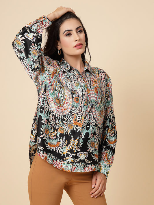 Gipsy Women Black Printed Satin Bishop Full Sleeve Collared Neck Shirt