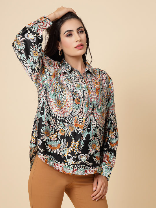 Gipsy Women Black Printed Satin Bishop Full Sleeve Collared Neck Shirt