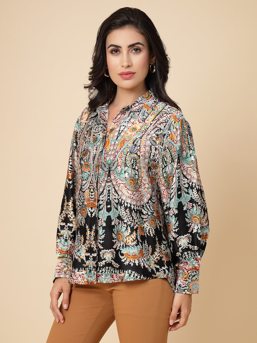 Gipsy Women Black Printed Satin Bishop Full Sleeve Collared Neck Shirt