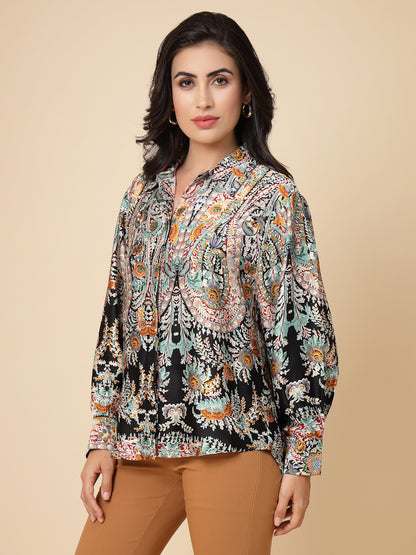 Gipsy Women Black Printed Satin Bishop Full Sleeve Collared Neck Shirt