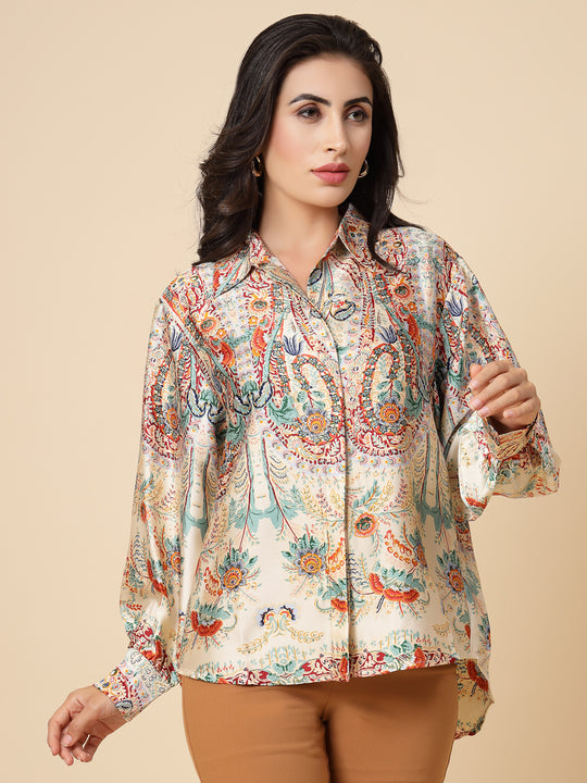 Gipsy Women Cream Printed Satin Bishop Full Sleeve Collared Neck Shirt
