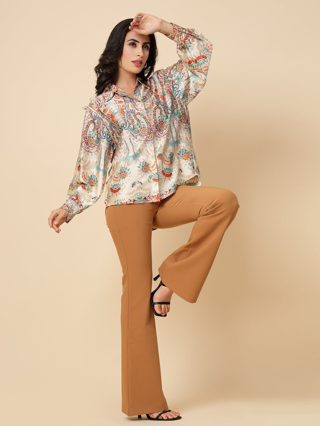 Gipsy Women Cream Printed Satin Bishop Full Sleeve Collared Neck Shirt