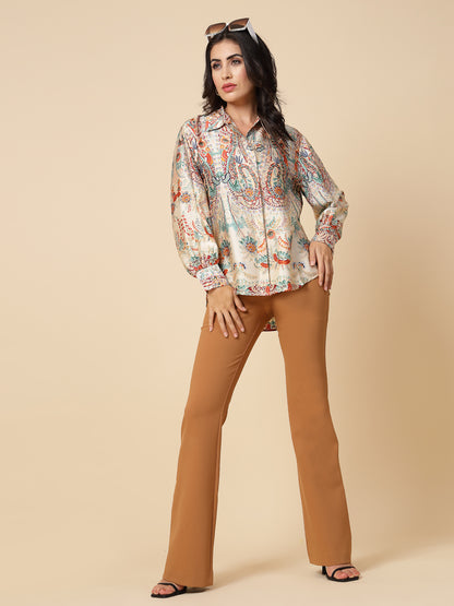 Gipsy Women Cream Printed Satin Bishop Full Sleeve Collared Neck Shirt