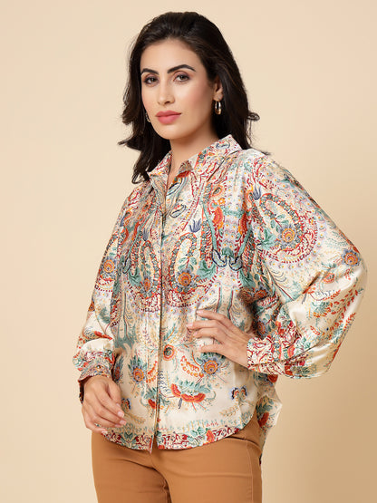 Gipsy Women Cream Printed Satin Bishop Full Sleeve Collared Neck Shirt