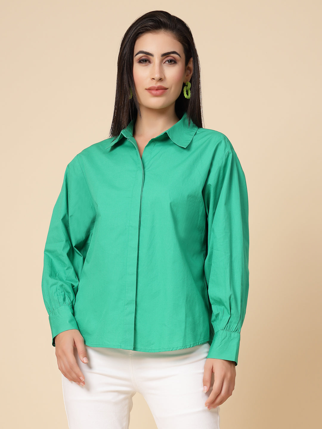 Gipsy Women Green Solid Cotton Bishop Full Sleeve Collared Neck Shirt