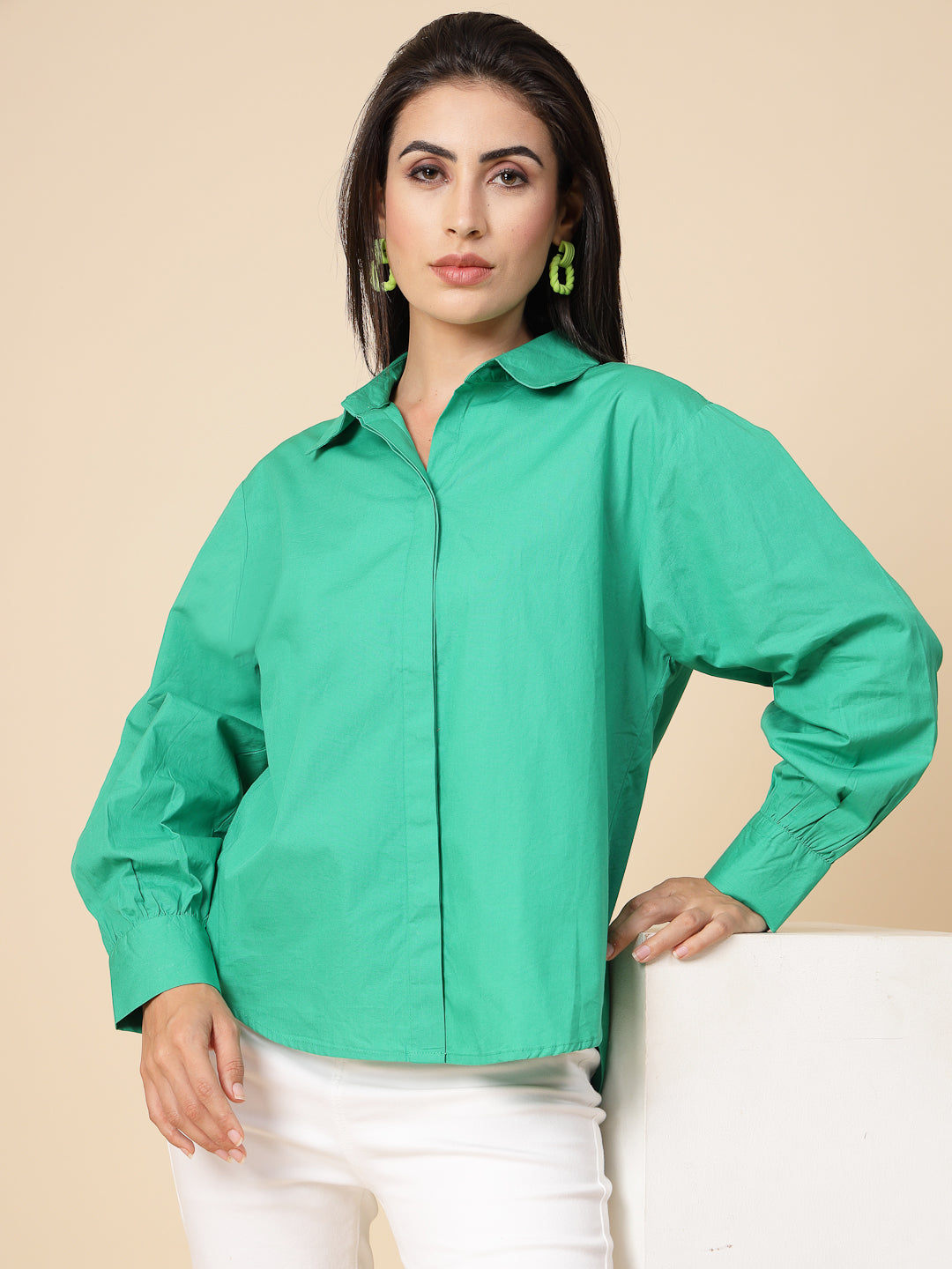 Gipsy Women Green Solid Cotton Bishop Full Sleeve Collared Neck Shirt
