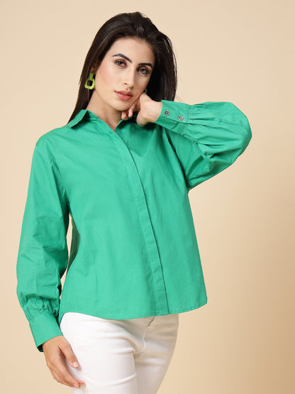 Gipsy Women Green Solid Cotton Bishop Full Sleeve Collared Neck Shirt