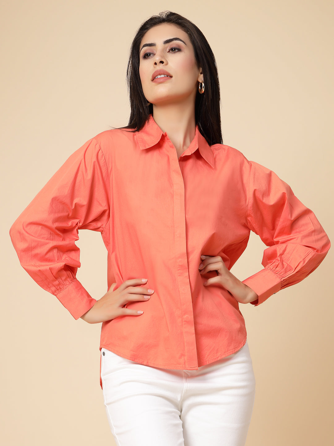 Gipsy Women Orange Solid Cotton Bishop Full Sleeve Collared Neck Shirt
