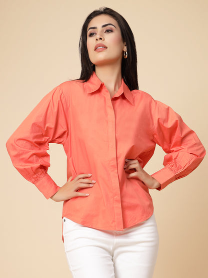 Gipsy Women Orange Solid Cotton Bishop Full Sleeve Collared Neck Shirt