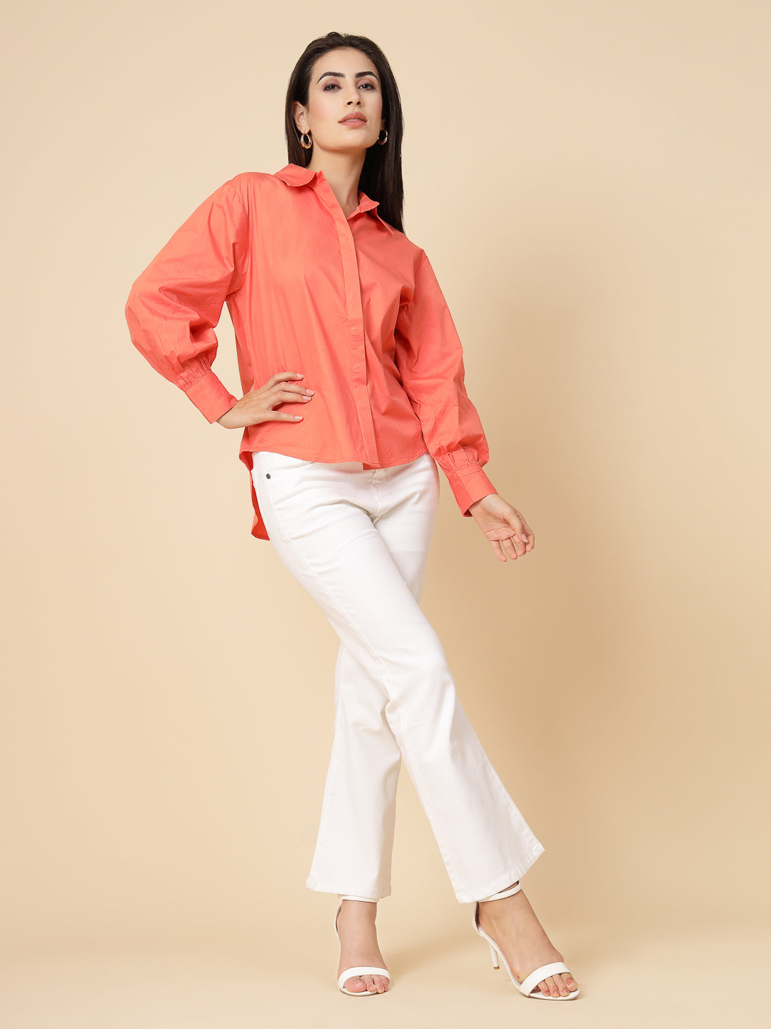 Gipsy Women Orange Solid Cotton Bishop Full Sleeve Collared Neck Shirt