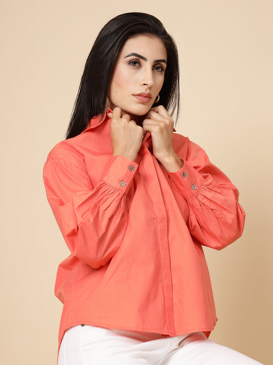 Gipsy Women Orange Solid Cotton Bishop Full Sleeve Collared Neck Shirt