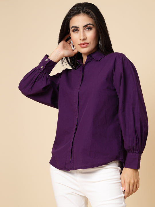 Gipsy Women Purple Solid Cotton Bishop Full Sleeve Collared Neck Shirt