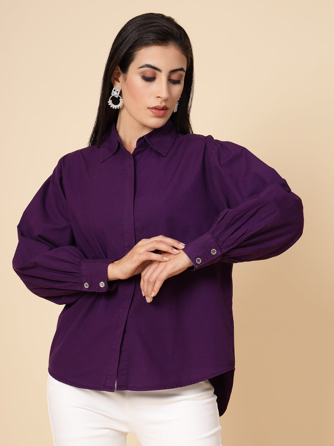 Gipsy Women Purple Solid Cotton Bishop Full Sleeve Collared Neck Shirt