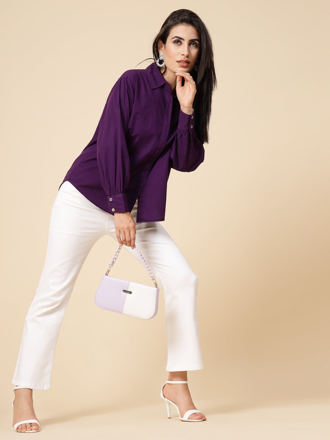 Gipsy Women Purple Solid Cotton Bishop Full Sleeve Collared Neck Shirt