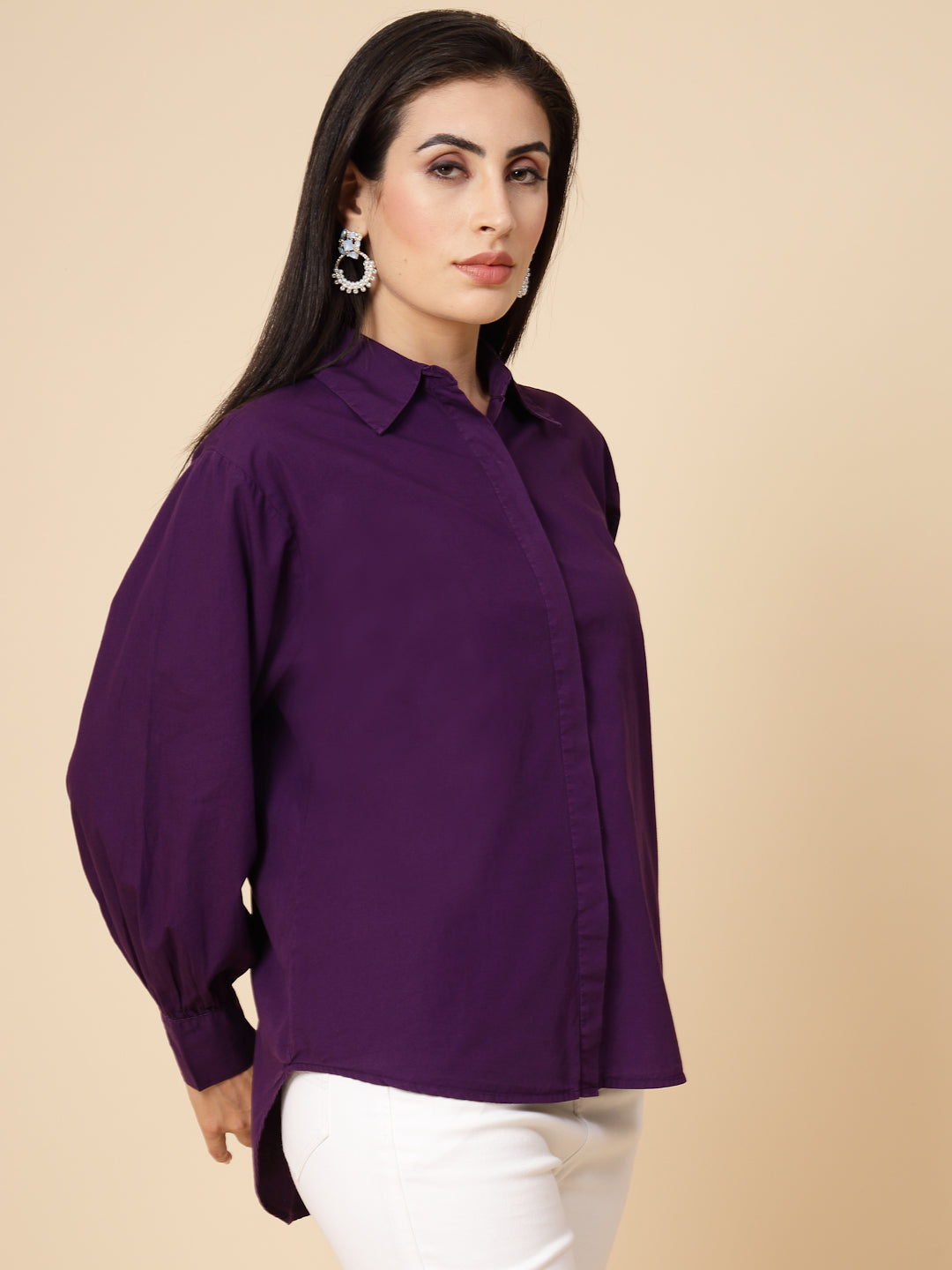 Gipsy Women Purple Solid Cotton Bishop Full Sleeve Collared Neck Shirt