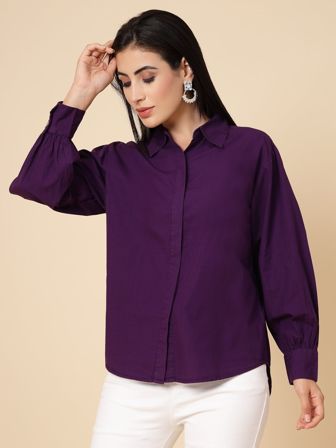 Gipsy Women Purple Solid Cotton Bishop Full Sleeve Collared Neck Shirt