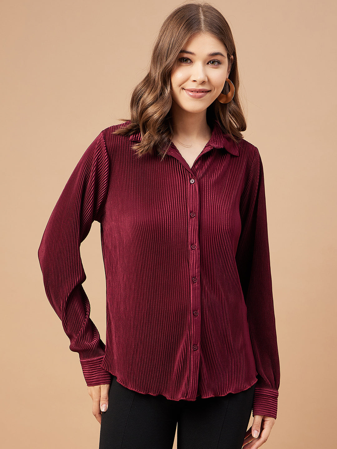 Gipsy Women Burgandy Solid Satin Bishop Sleeve Collar Neck Shirt