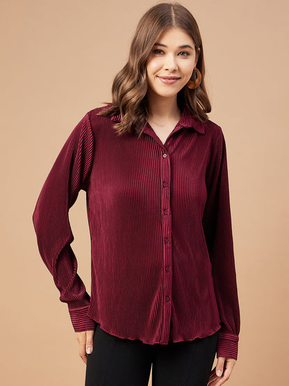Gipsy Women Burgandy Solid Satin Bishop Sleeve Collar Neck Shirt