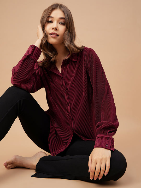 Gipsy Women Burgandy Solid Satin Bishop Sleeve Collar Neck Shirt