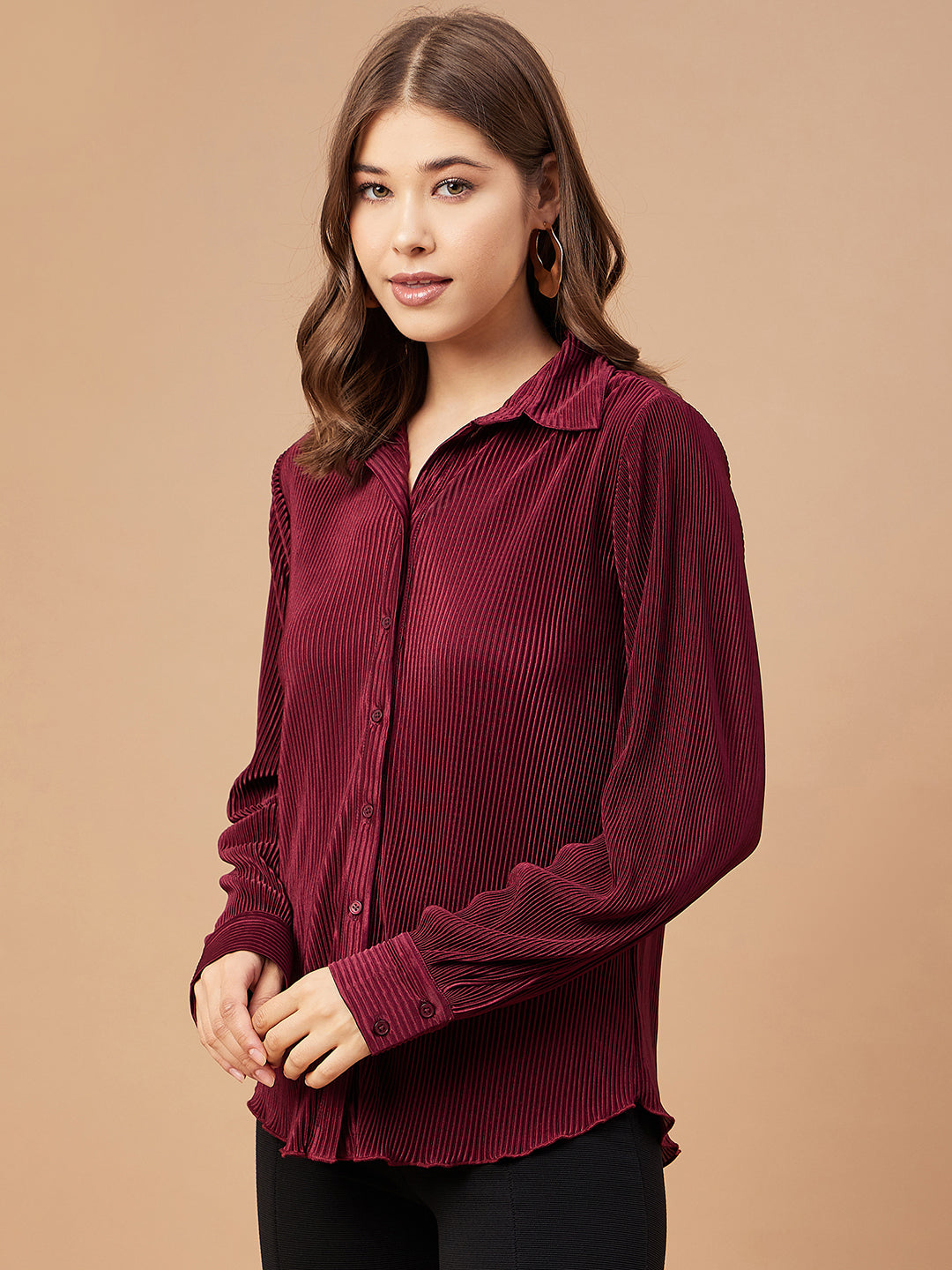 Gipsy Women Burgandy Solid Satin Bishop Sleeve Collar Neck Shirt