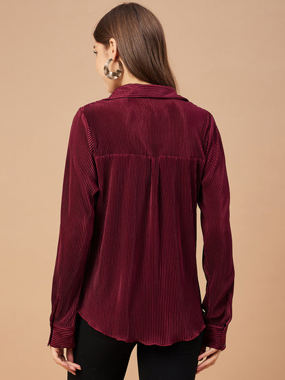 Gipsy Women Burgandy Solid Satin Bishop Sleeve Collar Neck Shirt