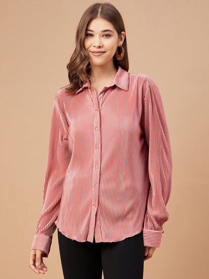 Gipsy Women Deep Coral Solid Satin Bishop Sleeve Collar Neck Shirt