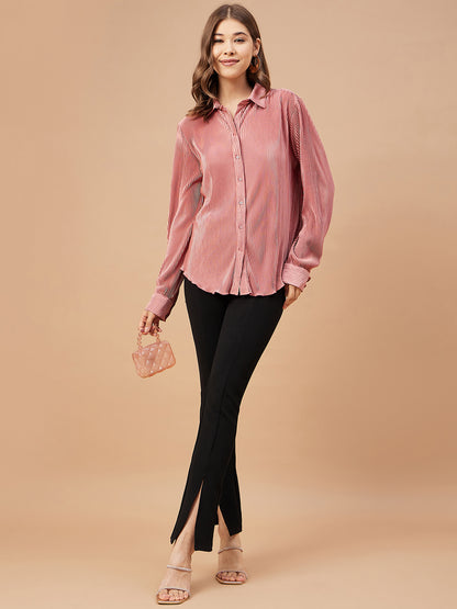 Gipsy Women Deep Coral Solid Satin Bishop Sleeve Collar Neck Shirt