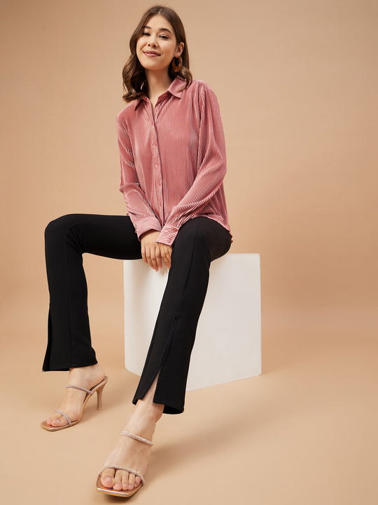 Gipsy Women Deep Coral Solid Satin Bishop Sleeve Collar Neck Shirt