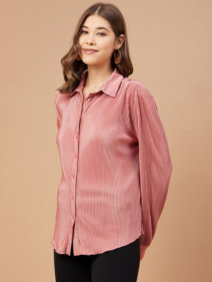 Gipsy Women Deep Coral Solid Satin Bishop Sleeve Collar Neck Shirt
