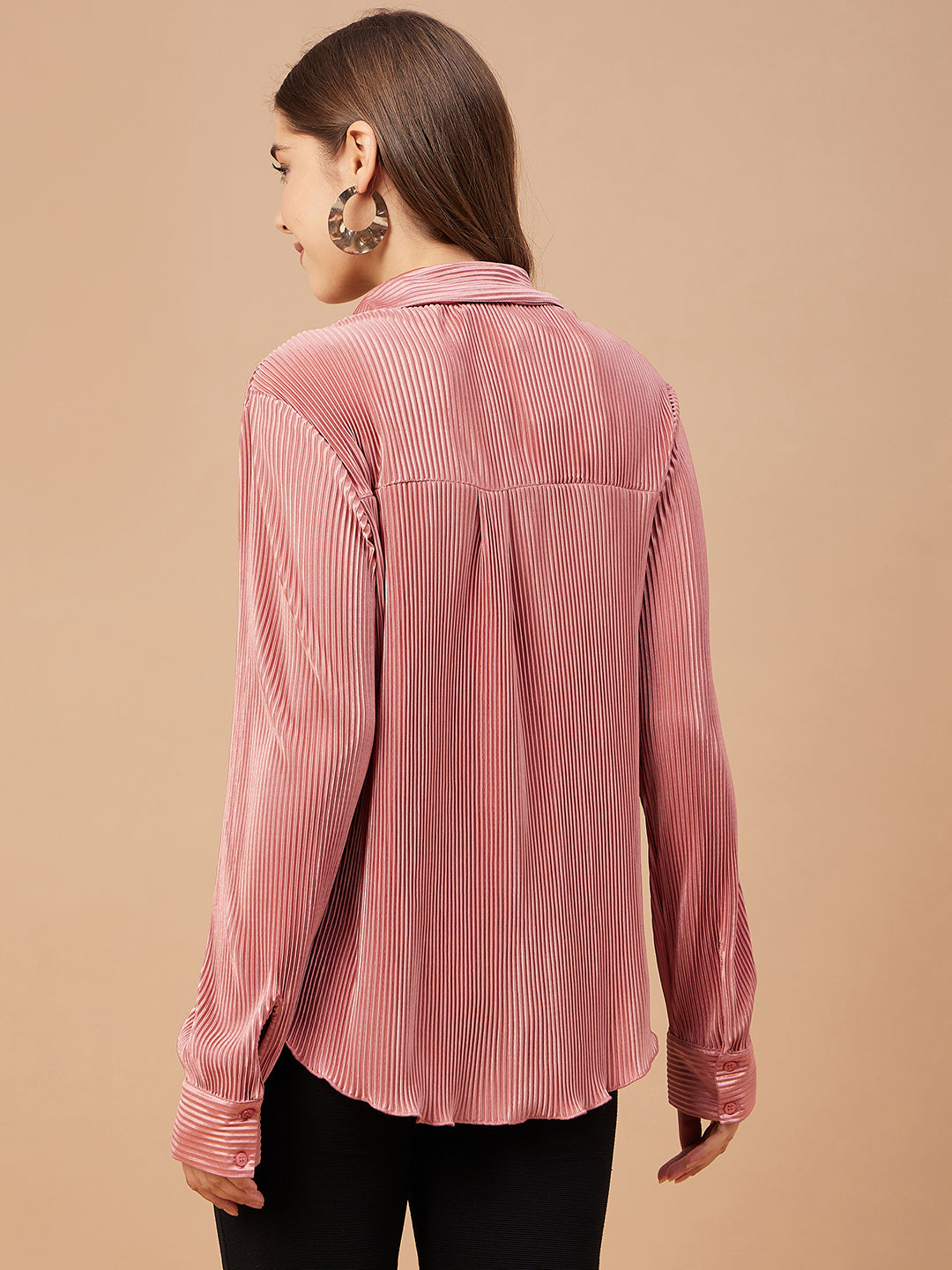 Gipsy Women Deep Coral Solid Satin Bishop Sleeve Collar Neck Shirt